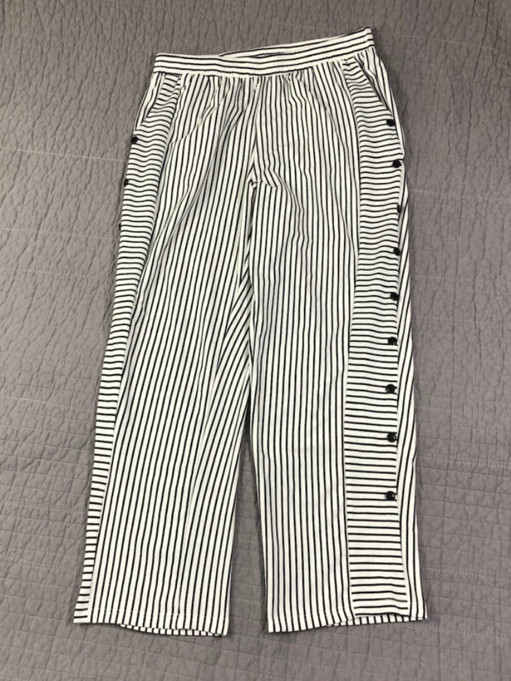Shein Pants Women 1X Black White Striped Nautical Button Full Leg Elastic Waist